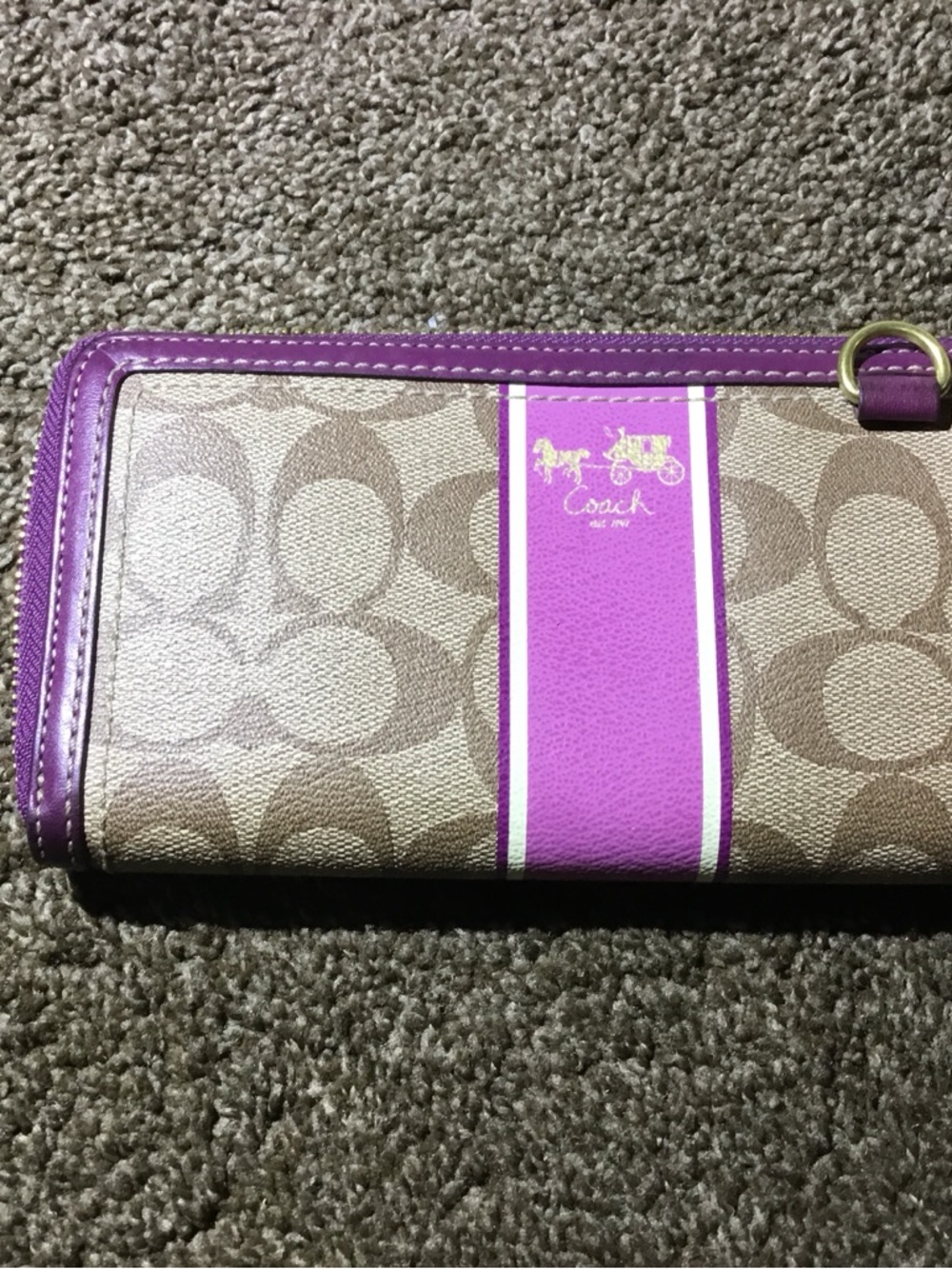 Coach Tan Signature Wallet with Purple Center Stripe